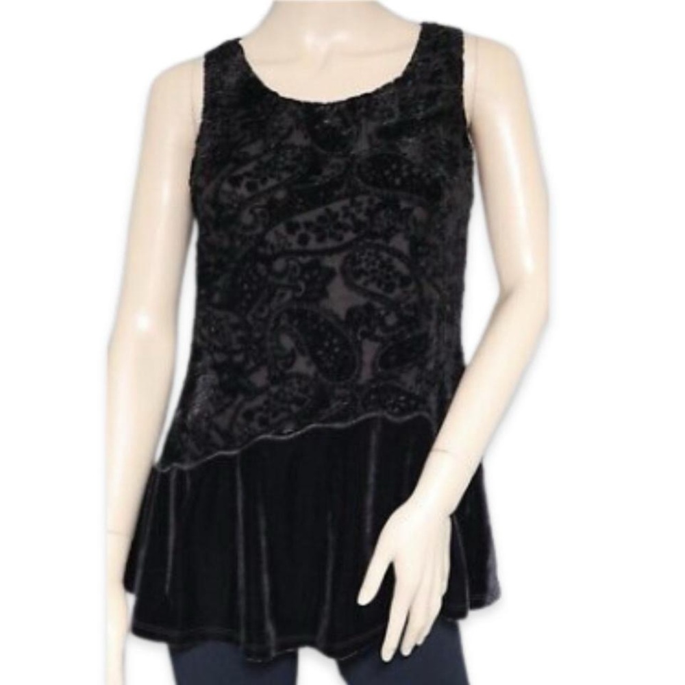 Mystree Black Velvet Floral Boho Sleeveless Top Small NWT